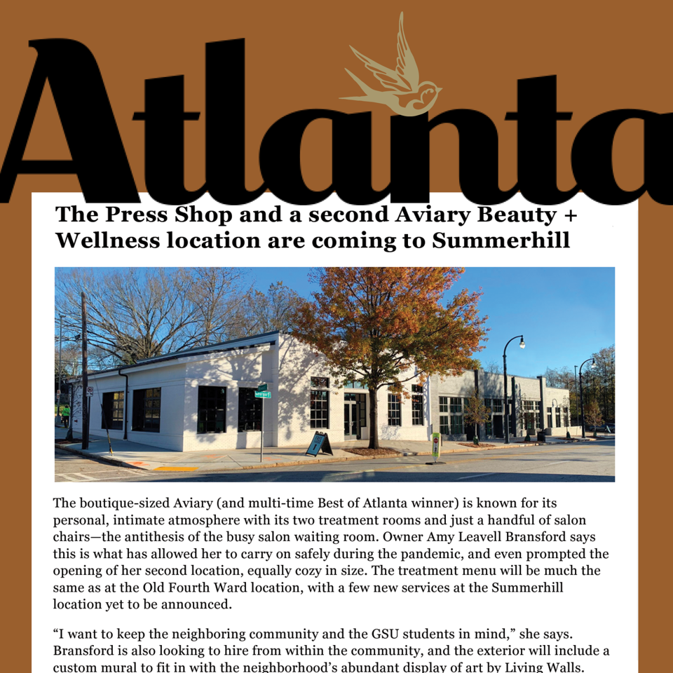 Atlanta magazine: a secondary aviary beauty + wellness location